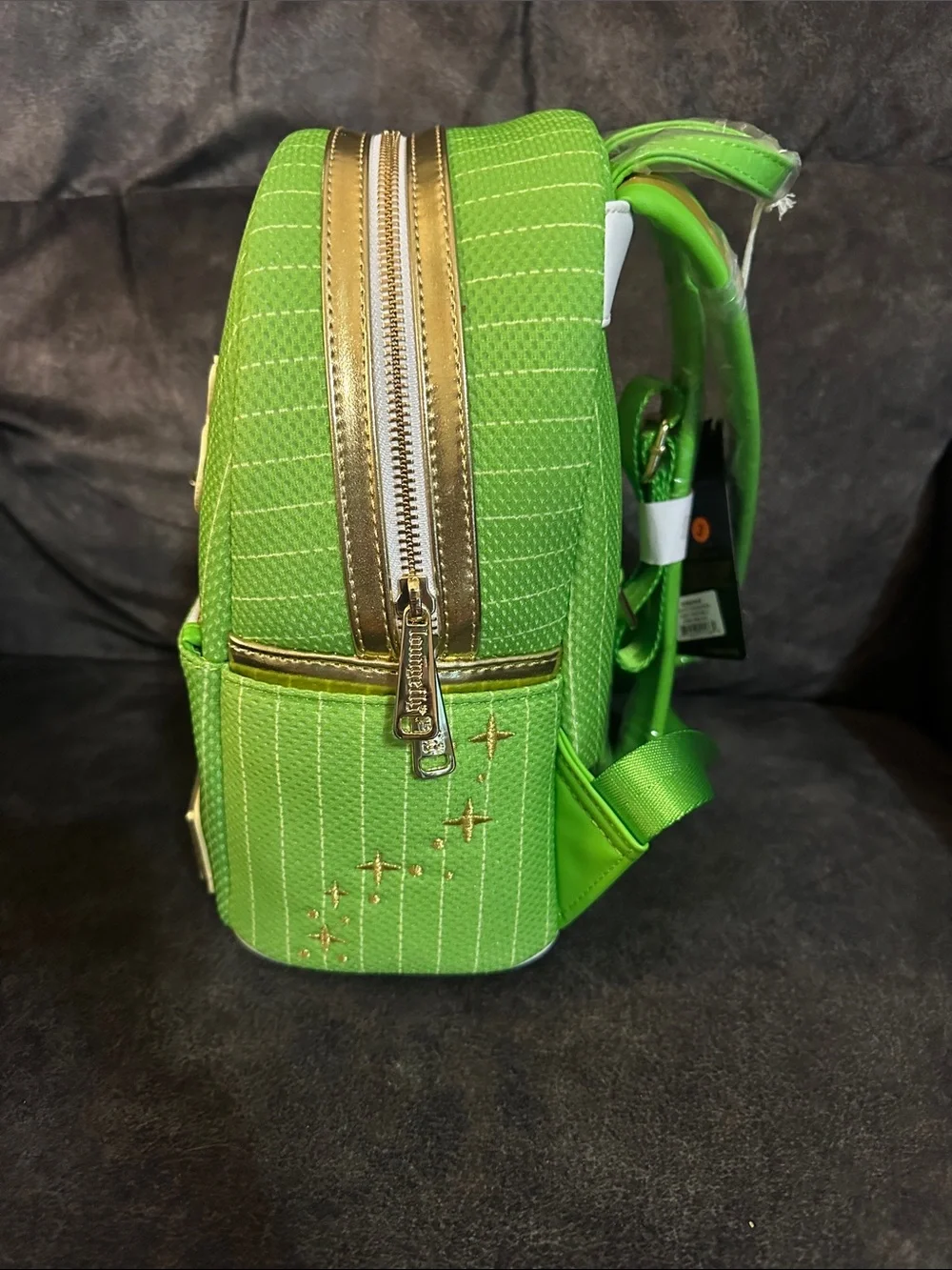 Loungefly Tinker Bell Jersey Bright Green Mini Backpack with Gold Accents
